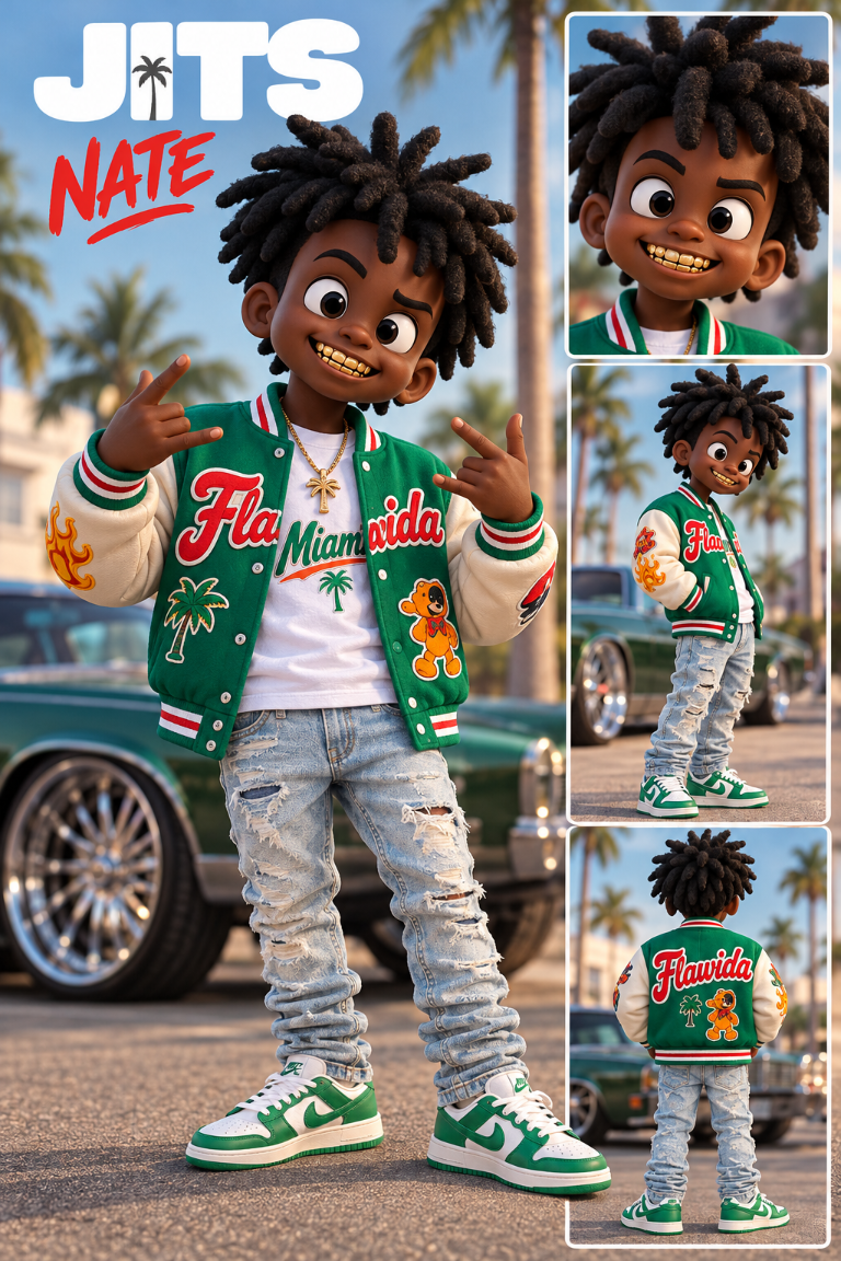 Nate, the Flawida Jit, in his green varsity jacket, jeans, and sneakers